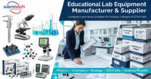 Samtech Labs educational lab equipment manufacturer showcasing a procurement manager planning institutional supply alongside physics instruments like vernier calipers, chemistry glassware, and STEM kits.