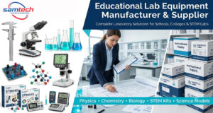 Samtech Labs educational lab equipment manufacturer showcasing a procurement manager planning institutional supply alongside physics instruments like vernier calipers, chemistry glassware, and STEM kits.
