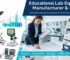 Samtech Labs educational lab equipment manufacturer showcasing a procurement manager planning institutional supply alongside physics instruments like vernier calipers, chemistry glassware, and STEM kits.
