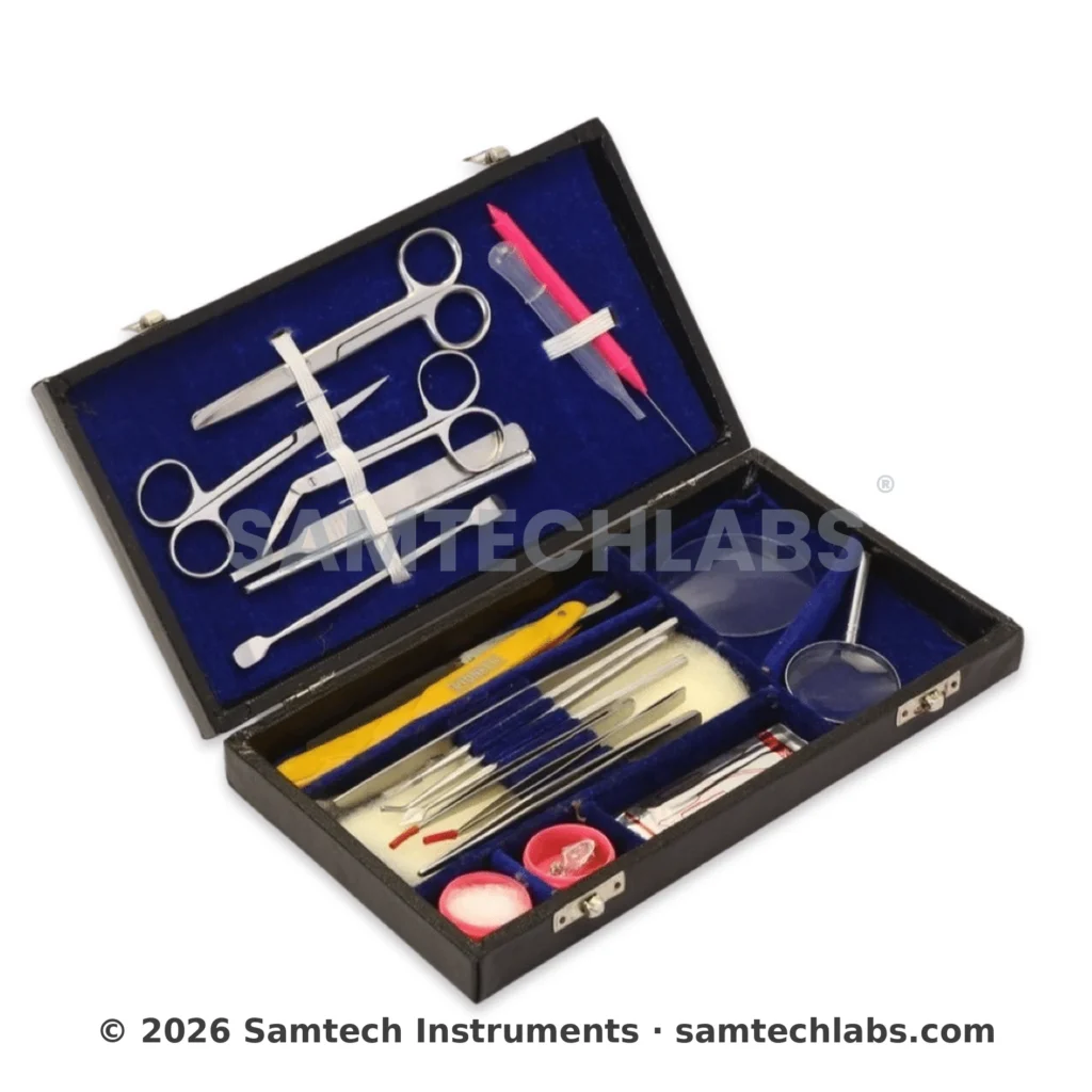 Dissection box with scalpel, forceps, scissors, needles, and biology practical instruments
