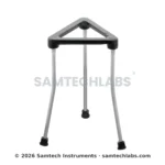 Black cast-iron tripod stand for the chemistry lab, with a triangular top and three outward-bent steel legs