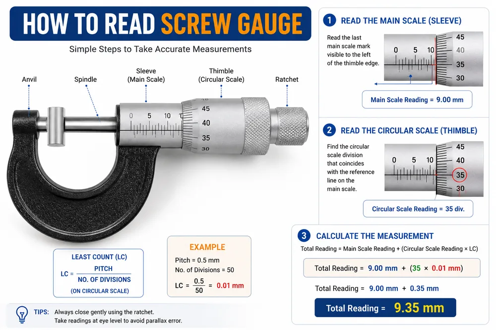 Screw Gauge Least Count: Formula, Diagram & How to Read 2 How to read a screw gauge (micrometer) step by step with example
