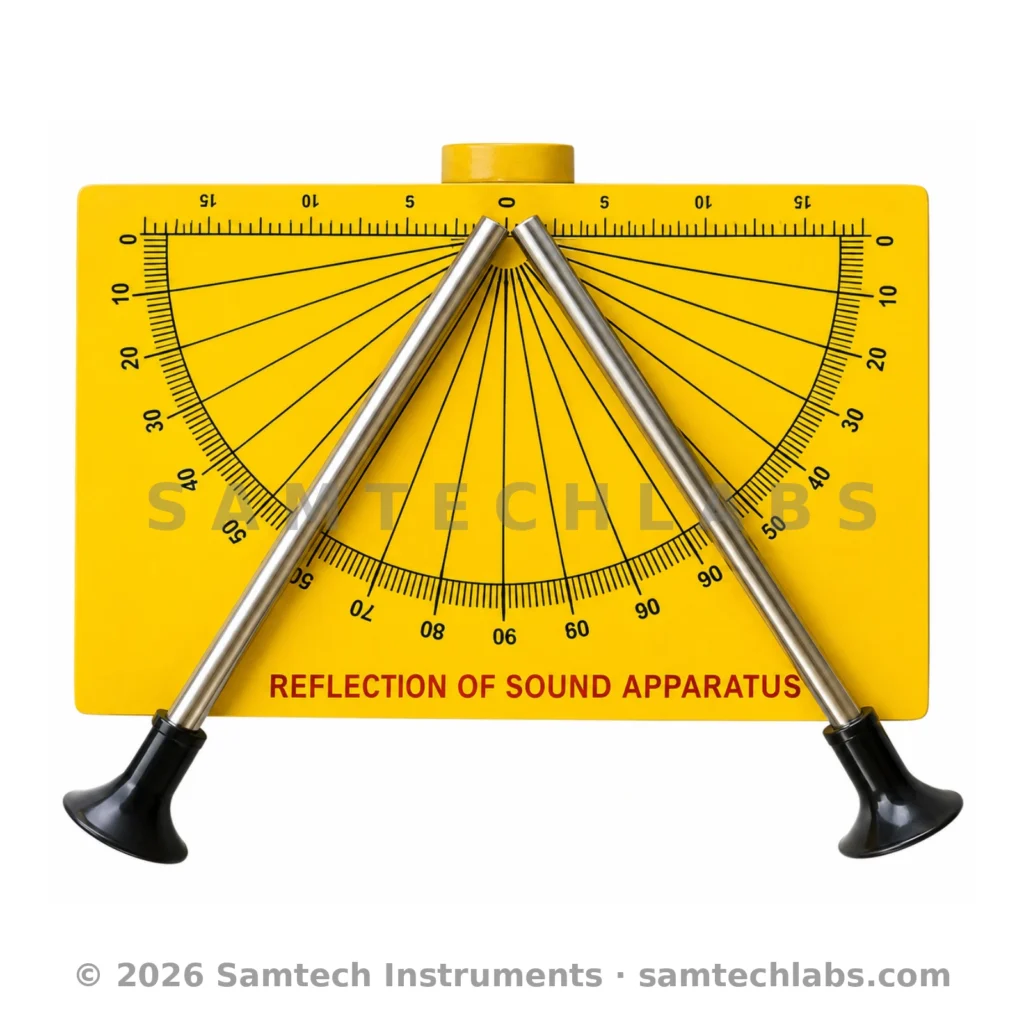 Reflection of Sound Model yellow board apparatus with two tubes and 0-90 degree protractor scale - Samtech Instruments Ambala