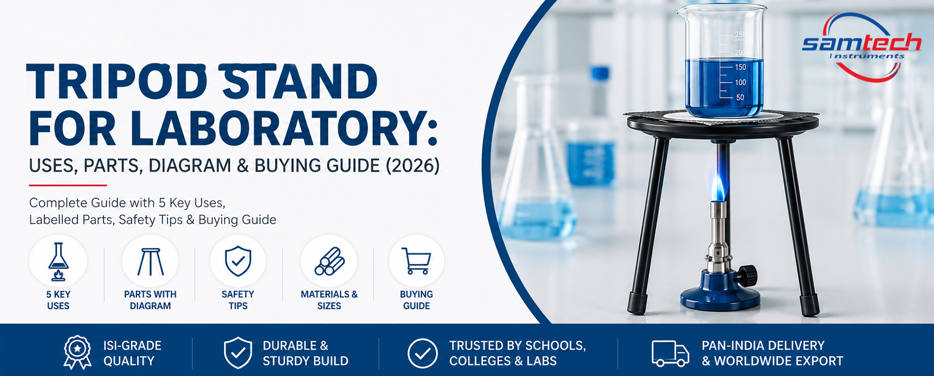Laboratory tripod stand with wire gauze and beaker over a Bunsen burner – complete guide by Samtech Instruments