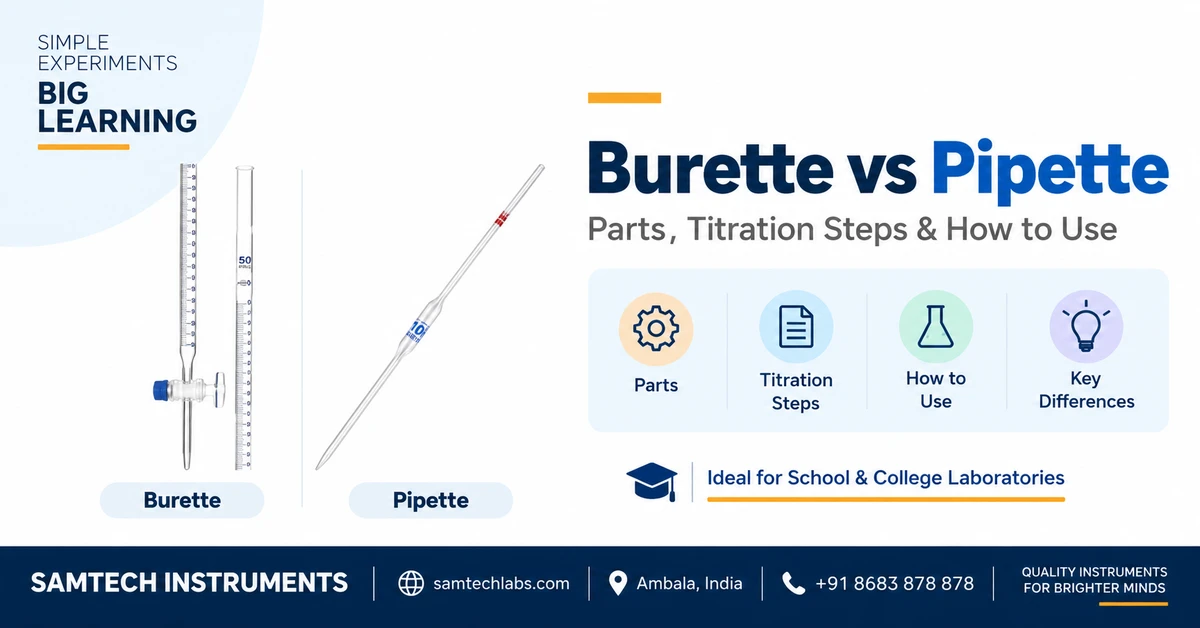 Burette vs pipette parts, titration steps and how to use guide - Samtech Instruments, Ambala