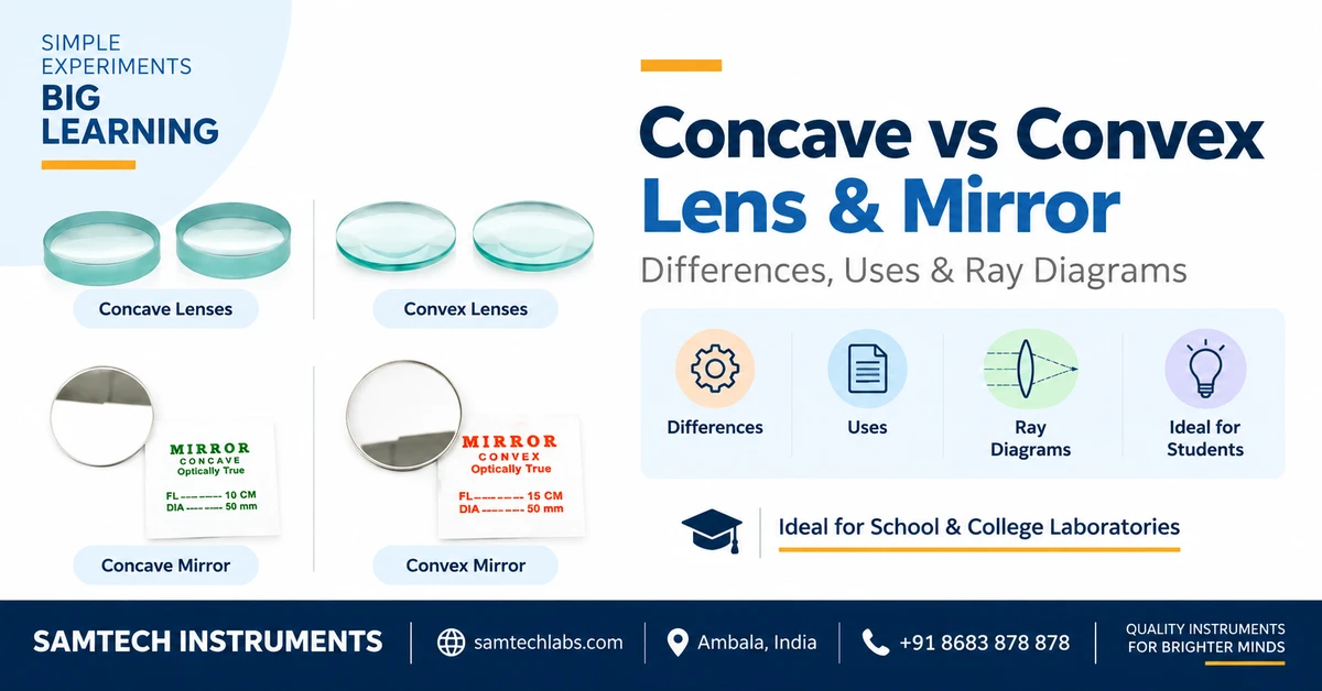 Concave vs convex lens and mirror differences, uses and ray diagrams - Samtech Instruments, Ambala