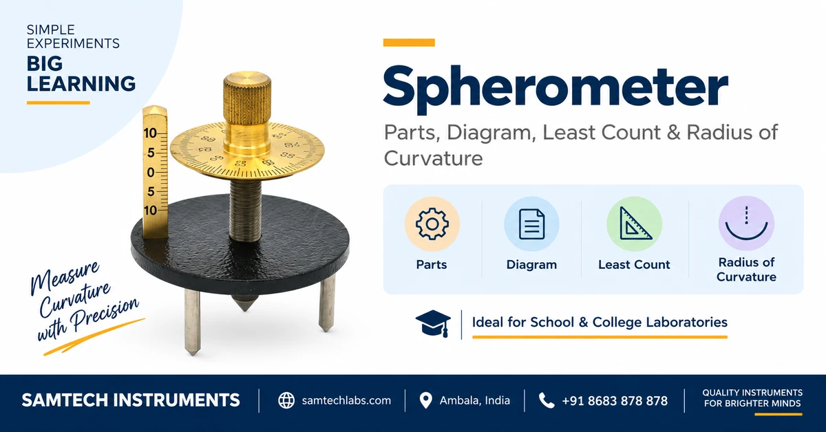 Spherometer parts, diagram, least count and radius of curvature guide - Samtech Instruments, Ambala