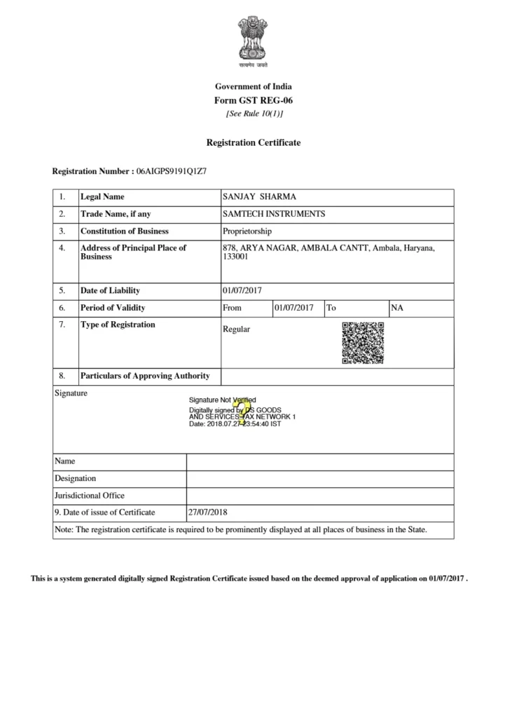 Samtech Instruments GST registration certificate