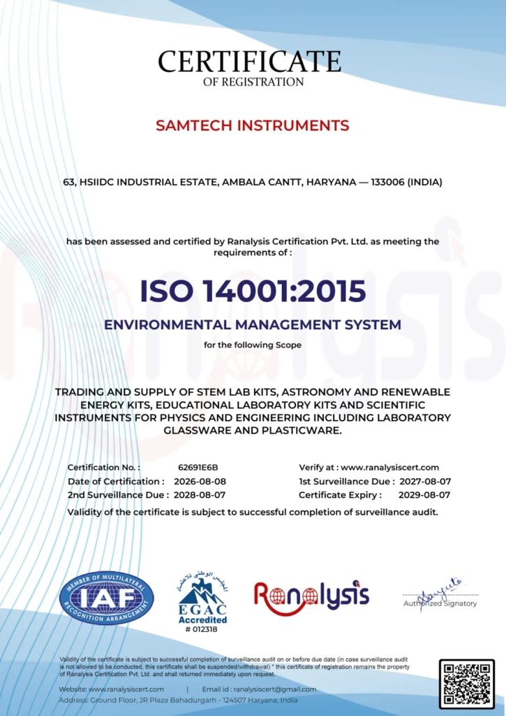 Samtech Instruments ISO 14001:2015 certificate - Environmental Management System, certificate no. 62691E6B