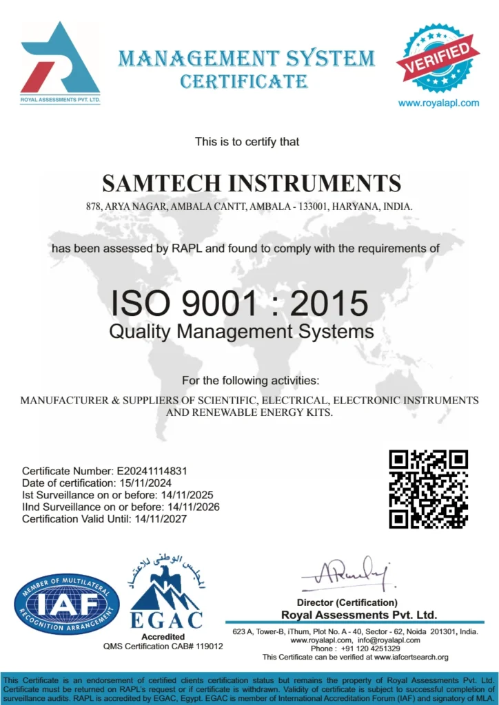Samtech Instruments ISO 9001:2015 quality management system certificate