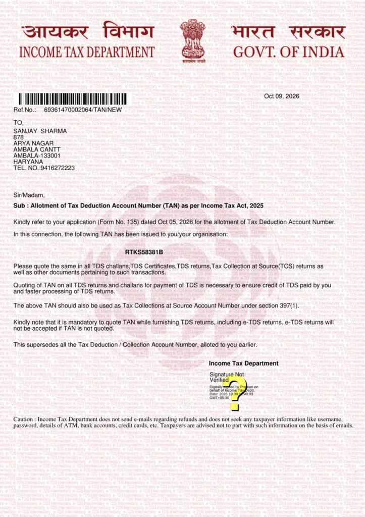 Samtech Instruments TAN allotment letter, Income Tax Department