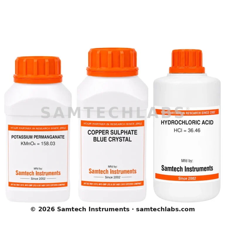 Samtech laboratory chemicals - potassium permanganate, copper sulphate and hydrochloric acid