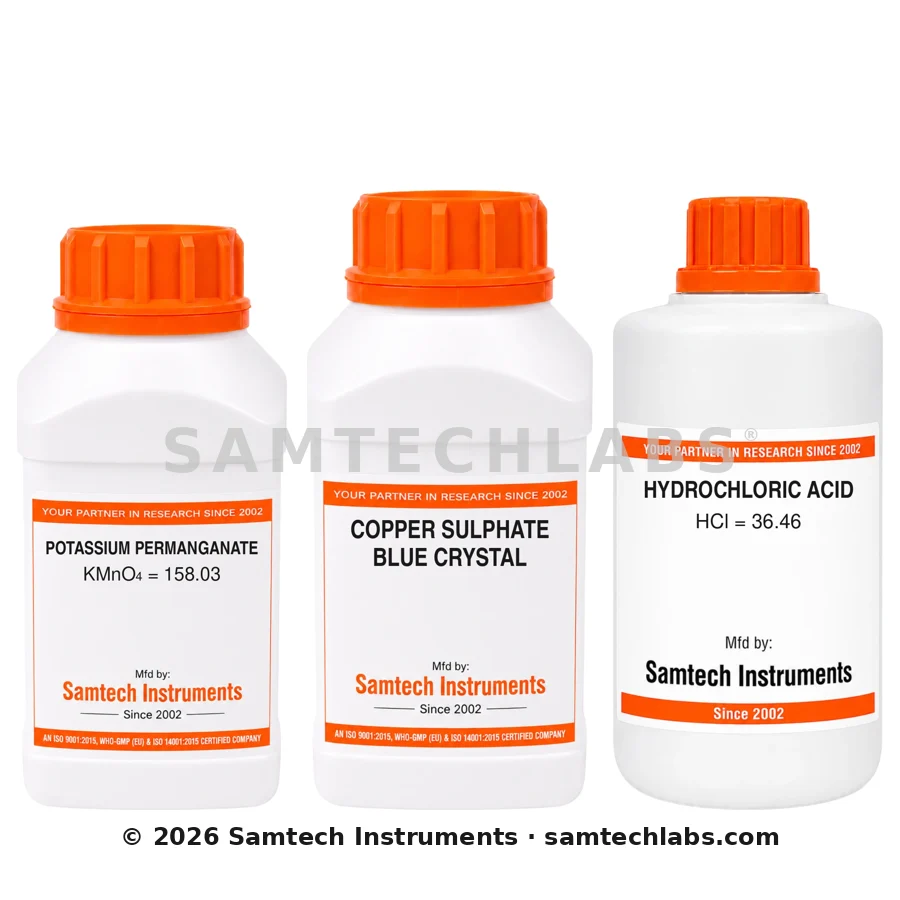 Samtech laboratory chemicals - potassium permanganate, copper sulphate and hydrochloric acid
