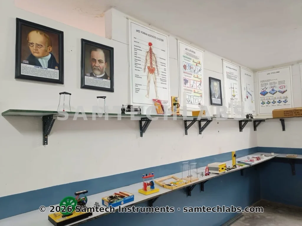 Wall-mounted shelves displaying STEM working models in a school lab