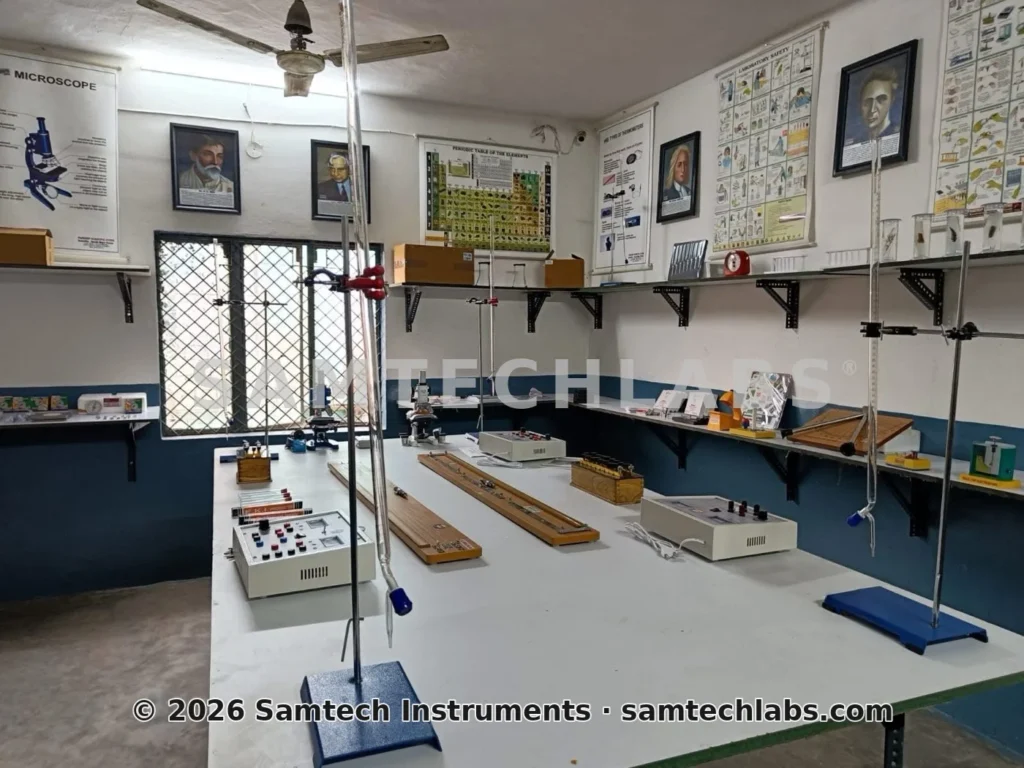 School STEM lab layout with central work benches and wall-mounted shelves